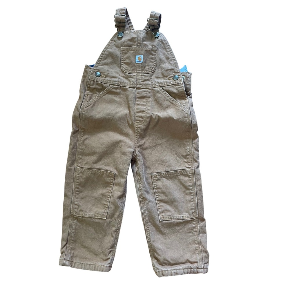 Carhartt Kids 3T Duck Brown Flannel Lined Canvas Bib Overalls Double Knee Plaid